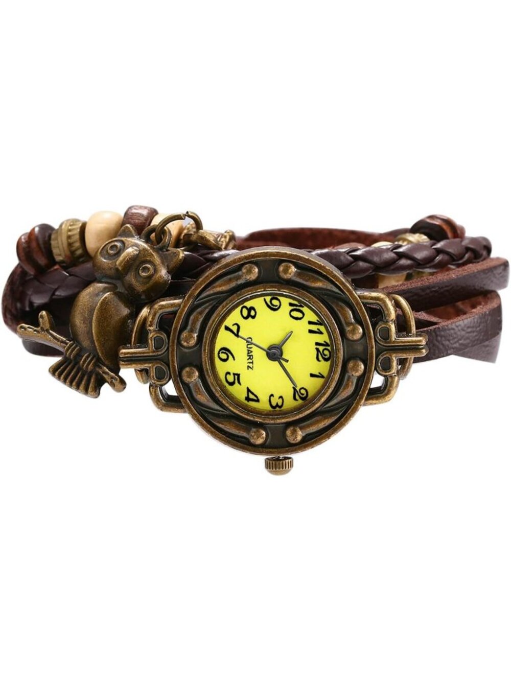 Women's Brown Analog Quartz Owl Bracelet Weave Wrap Around Leather Wrist Watch
